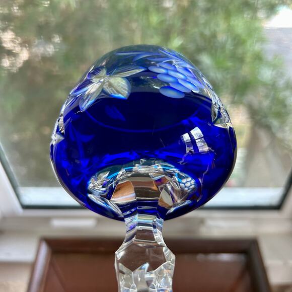 Vintage Bohemian / Czech Cobalt Blue Cut-to-Clear Crystal Wine Hock Goblet - Picture 9 of 11